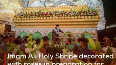 Photo of Imam Ali Holy Shrine decorated with roses in preparation for the birth anniversary of Lady Fatima al-Zahraa