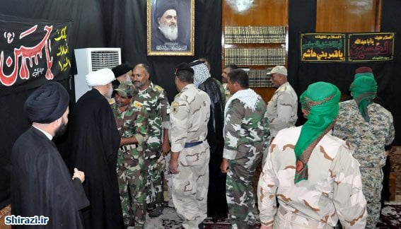 تصویر دفتر حضرت آیت الله العظمی شیرازی در کربلا میزبان فرماندهان و اعضای گردان انصار الحسین