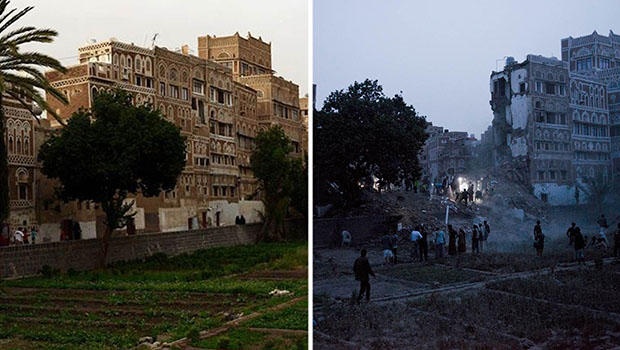 تصویر تخریب قدیمی ترین خانه های اسلامی صنعا توسط سعودی ها