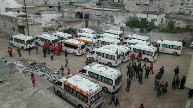 تصویر ورود آمبولانس های هلال احمر سوریه به فوعه و کفریا